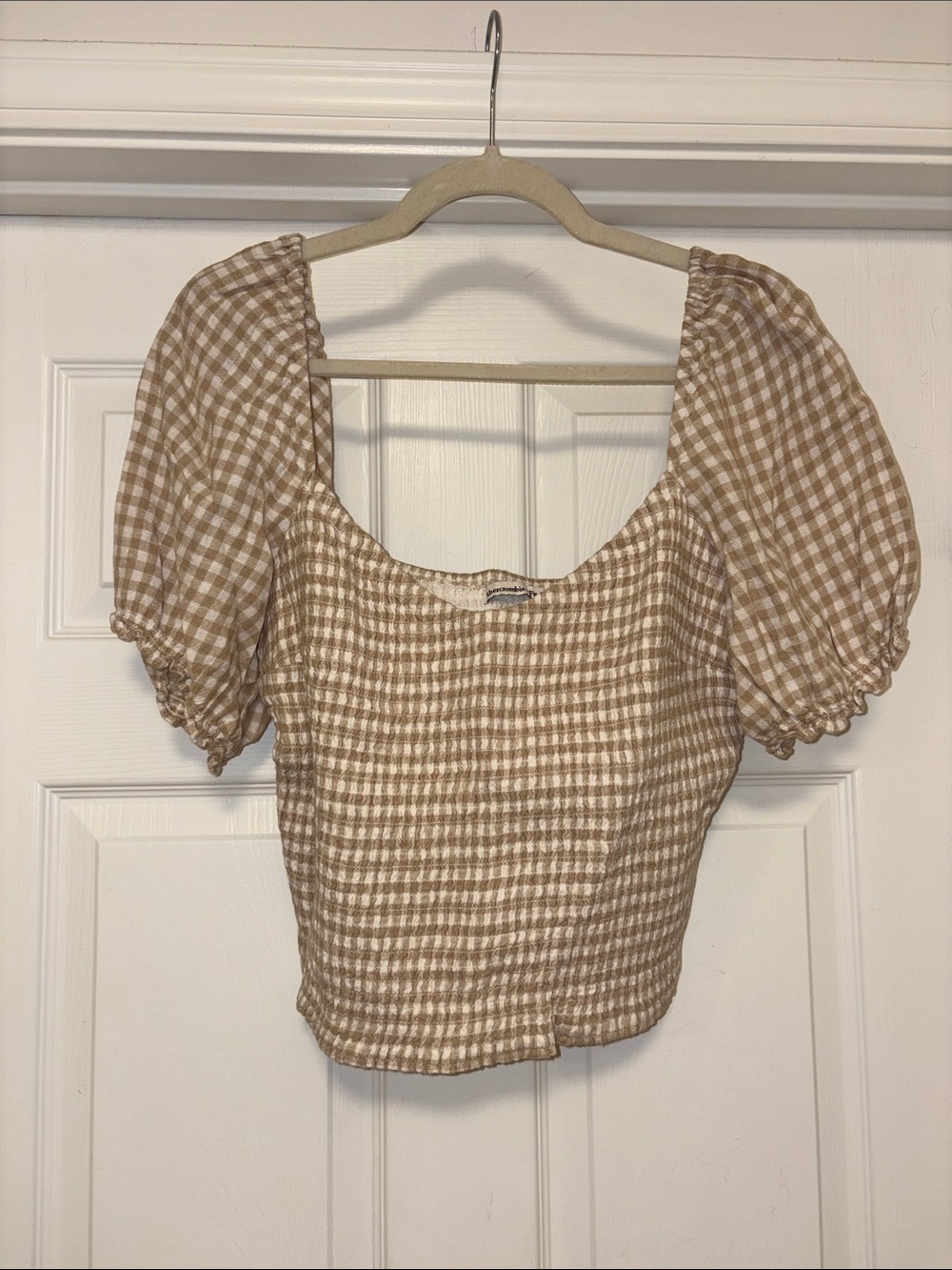 Abercrombie & Fitch Beige Gingham Puff-Sleeve Crop Top